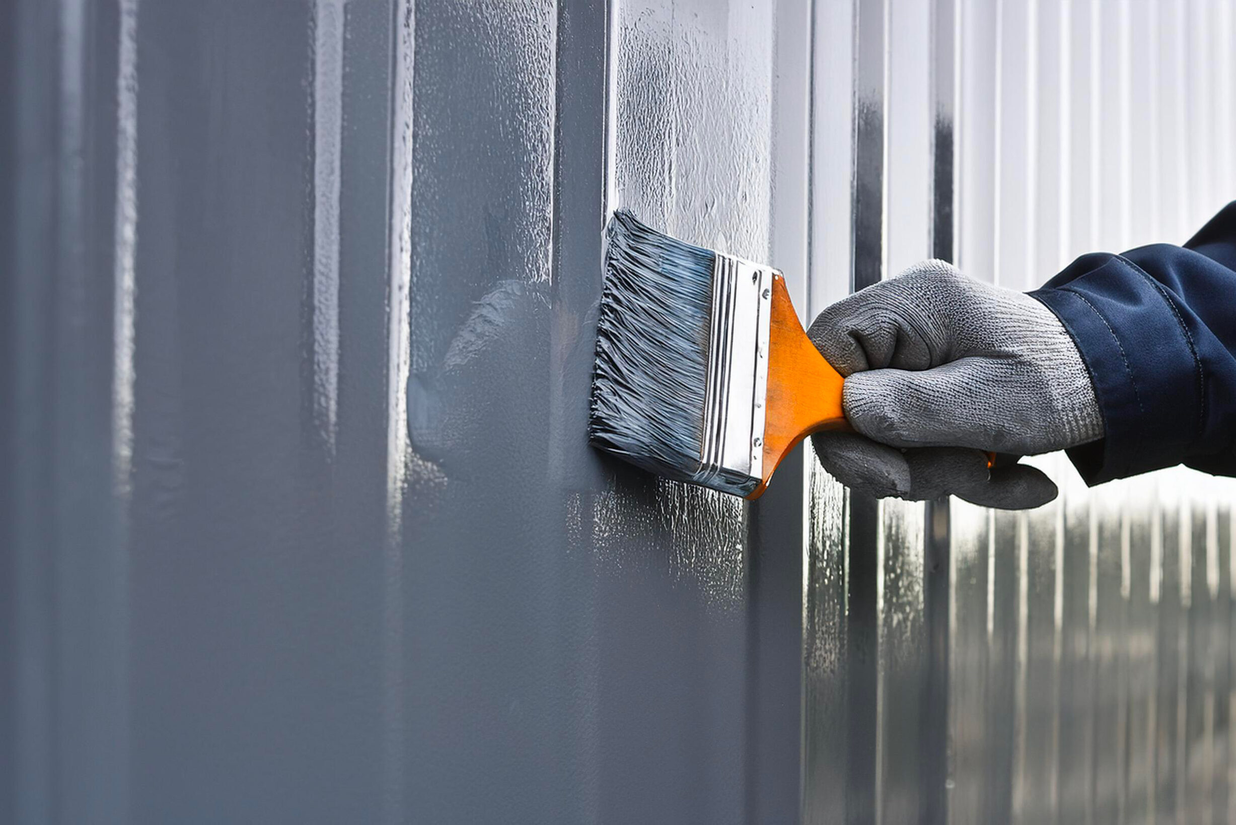 Worker painting metal surface with gray paint